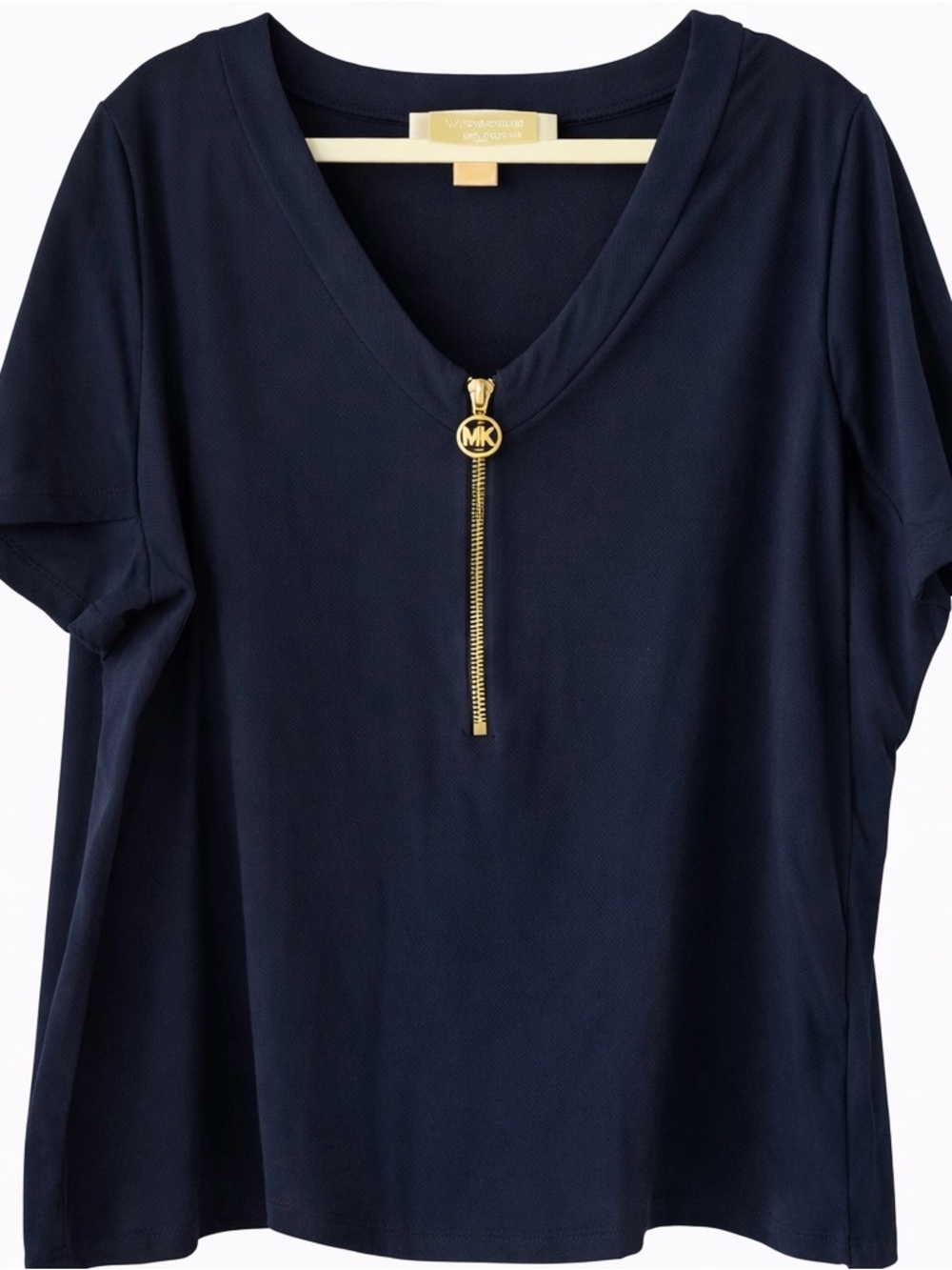 Michael Kors Navy Zip Front Top Gold MK Logo Short Sleeve Blouse Women’s 2X